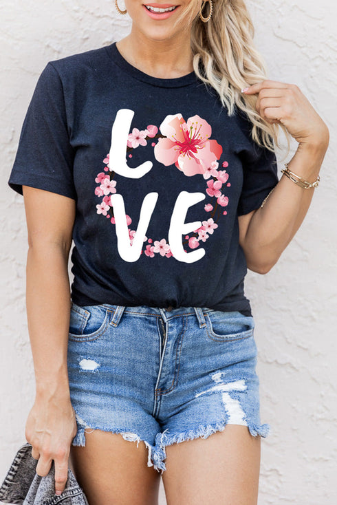 Black Love Cherry Blossoms Graphic Print Short Sleeve T Shirt